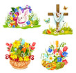 Easter eggs, bunny and flowers in wicker icons