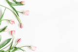Fototapeta Tulipany - Flowers composition. Pink tulip flowers on white background. Valentine's day, Mother's day concept. Flat lay, top view, copy space