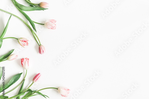 Zdjęcie: Flowers composition. Pink tulip flowers on white background. Valentine's day, Mother's day concept. Flat lay, top view, copy space Flowers composition. Pink tulip flowers on white background. Valentine's day, Mother's day concept. Flat lay, top view, copy space