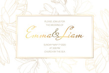 Wedding Marriage Event Invitation Card Template. Spring Magnolia Garden Flowers. Detailed Outline Drawing.