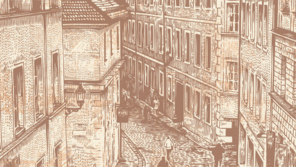  People Walk Down The Street Of The Old Town. Hand Drawn Urban Background In Engraving Style. aspect ratio 16:9. vector illustration