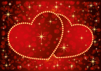 Wall Mural - Two romantic hearts on a red starry background.
