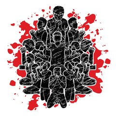 Wall Mural - Group of people prayer, Praise to the Lord , Double exposure graphic vector