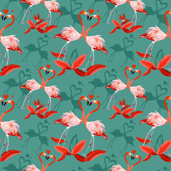 Wall Mural - Vector seamless tropical pattern, Two flamingos in love and tropical palm leaves, plants, bird of paradise. Romantic Valentine's Day template. Pattern trend design.