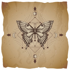 Vector illustration with hand drawn butterfly and Sacred geometric symbol on vintage paper background with torn edges. Abstract mystic sign.