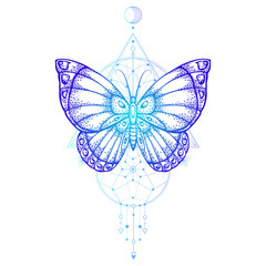 Vector illustration with hand drawn butterfly and Sacred geometric symbol on white background. Abstract mystic sign.