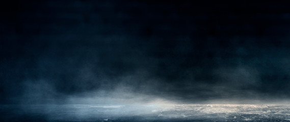 Wall Mural - background of an empty room with smoke and neon light. dark abstract background