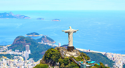 Fototapete - Aerial view of Rio de Janeiro with Christ Redeemer and Corcovado Mountain. Brazil. Latin America, horizontal