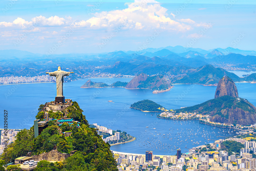 Aerial view of Rio de Janeiro with Christ Redeemer and Corcovado Mountain. Brazil. Latin America, horizontal - obrazy, fototapety, plakaty 