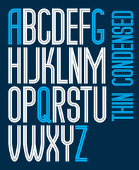 Poster - Vector tall condensed capital English alphabet letters collection made with white lines, can be used in poster design as newspaper advertising