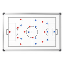 Soccer game tactical scheme shown on the whiteboard with blue and red magnets. Football pitch markup on marker board isolated on white background. Soccer match analysis scheme. Vector illustration