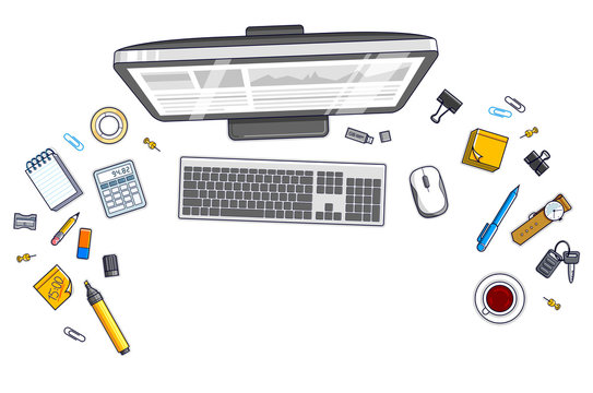 Work desk workspace top view with PC computer and a lot of different stationery objects on table isolated, look above. All elements are easy to use separately or recompose the illustration. Vector.