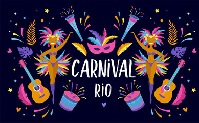 Wall Mural - Brazilian Carnival, music festival, masquerade flyer template, vector design