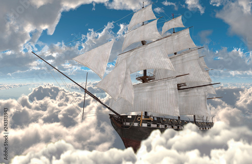 Sailboat flying above the clouds 3d illustration