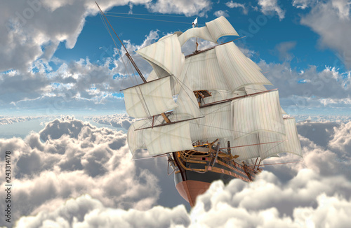 Sailboat flying above the clouds 3d illustration