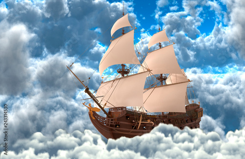 Sailboat flying above the clouds 3d illustration