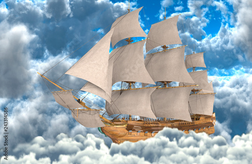 Sailboat flying above the clouds 3d illustration