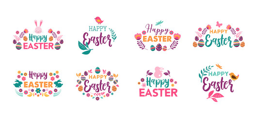 Wall Mural - Happy Easter, vector symbols, logo, badges and lettering design