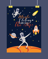 Wall Mural - Astronaut vector cosmonaut spaceman character in space cosmos astronomy backdrop universe galaxy with rocket planets spaceship illustration background