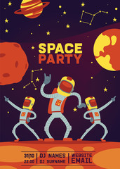 Wall Mural - Astronauts party vector cosmonaut spaceman character dancing in space cosmos backdrop universe galaxy planets stars moon illustration astronomy background