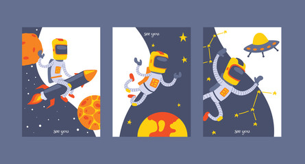 Wall Mural - Astronaut vector cosmonaut spaceman character in space cosmos astronomy backdrop universe galaxy with rocket planets spaceship illustration background banner