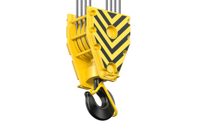 Wall Mural - Big black and yellow construction towe crane hook block hanging on steel ropes. 3d render of overhead hookblock isolated on white background.