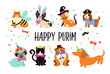 Funny animals, pets. Cute dogs and cats with a colorful carnival costumes, vector illustration, Happy Purim banner