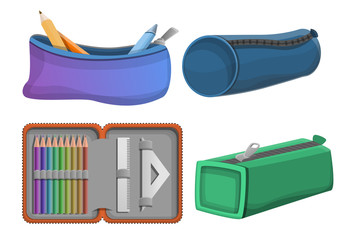 Poster - Pencil case icons set. Cartoon set of pencil case vector icons for web design