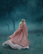 © kharchenkoirina - fairy-tale witch with blond hair who runs in a dark and dense mysterious forest full of white mist, dressed in a long, flying and flowing peach rosewood dress and raincoat, woman in the moonlight