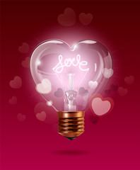 Happy Valentines Day. Transparent glowing electric light bulb with bokeh heart background and hand drawn love typography. Heart shape. Realistic style. Isolated background. Object for poster, web