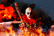 Crazy bloody clown, airplane in fire on background