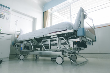 Empty hospital bed in hospital ward