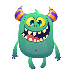 Cool cartoon blue monster smiling. Vector horned monster