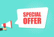 © iiierlok_xolms - Male hand holding megaphone with special offer speech bubble. Loudspeaker. Banner for business, marketing and advertising. Vector illustration.