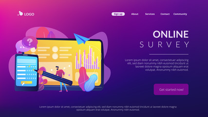 Poster - Businessman completing online survey form on smartphone screen. Online survey, internet questionnaire form, marketing research tool concept. Website vibrant violet landing web page template.