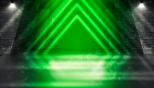 Background Of Empty Dark Room With Brick Walls, Illuminated By Neon Green Lights With Laser Beams, Smoke. Background Trend Color Ufo Green