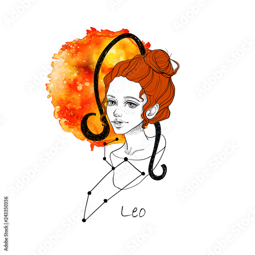 Zodiac Sign Leo Beautiful Girl With Red Hair And Freckles Against