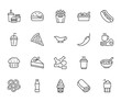 © nadiinko - Fast food flat line icons set. Burger, combo lunch, french fries, hot dog, sauce, salad, soup, pizza vector illustrations. Thin signs for restaurant menu. Pixel perfect 64x64. Editable Strokes