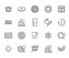 Utensil Flat Line Icons Set. Gas Burner, Induction Stove, Ceramic Hob, Non-stick Coating, Microwave, Dishwasher Vector Illustrations. Thin Signs For Pan, Dishes. Pixel Perfect 64x64. Editable Strokes