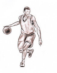 Sportsman in basketball - drawn pastel pencil graphic artistic illustration on pape