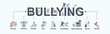 Bullying banner web icon, rumors, discredit, bullying, insult, racist, threat, harassment, lies, impersonate, gossip and violent. Minimal vector infographic.