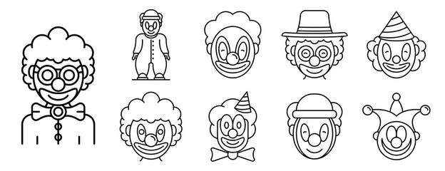 Poster - Clown icons set. Outline set of clown vector icons for web design isolated on white background