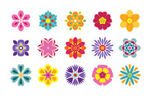 Set Of Flat Flower Icons Isolated On White Background. Cute Vector Illustrations In Bright Colors For Stickers, Labels, Tags, Scrapbooking. 