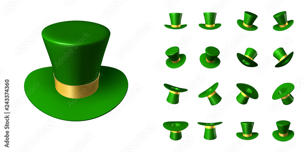 Set of St. Patrick's green hat with a gold ribbon in various positions in space - obrazy, fototapety, plakaty 