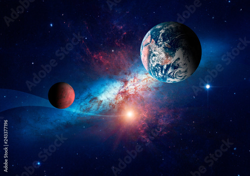 Leinwand Poster  Planets of the solar system against the background of a spiral galaxy in space