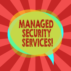 Poster - Text sign showing Managed Security Services. Conceptual photo approach in analysisaging clients security needs Blank Speech Bubble photo and Stack of Transparent Circle Overlapping