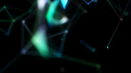 Poster - Disappearing network.Network Connection background, rotating flickering cool blue light mesh cloud of connections with white lines and dots with depth-of field effect. Seamless loop.