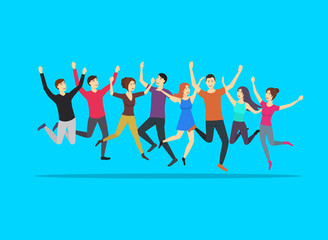 Wall Mural - Cartoon Color Jumping Characters People on a Blue Background. Vector