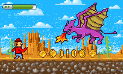 Fototapete - Game scene. Pixel art 8 bit objects. Platformer video interface. Retro location. Clouds, mountains, dragon and character. Vintage computer video arcades. Vector illustration. Background for web site.