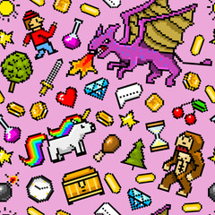 Wall Mural - Pixel art 8 bit objects Seamless pattern. Retro game assets. Set of icons. Vintage computer video arcades. Characters dinosaur pony rainbow unicorn snake dragon monkey and coins, Winner's trophy.